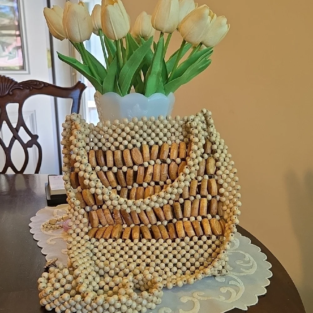 Straw Studios Beaded Bag in Cream and Tan Size 9x9